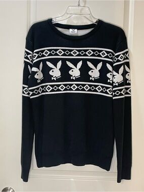 PLAYBOY Black and White Bunny Head Crewneck Sweater Size M